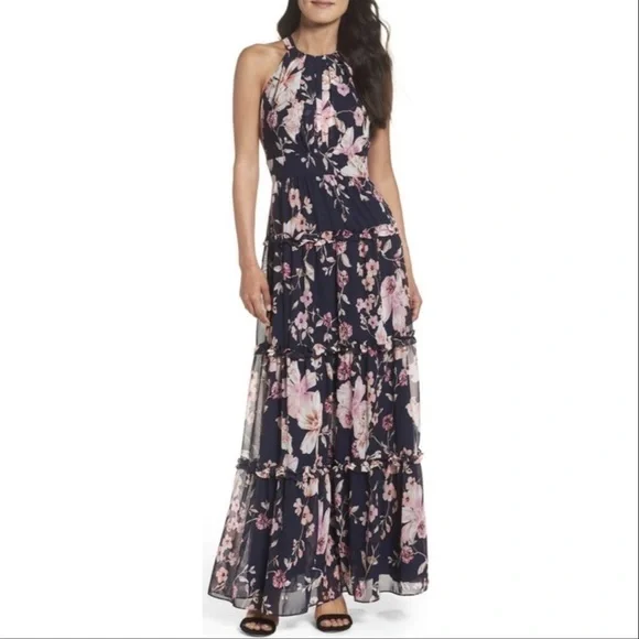 Eliza J Floral Halter Maxi Dress Pink Navy Size 0 - Picture 1 of 3